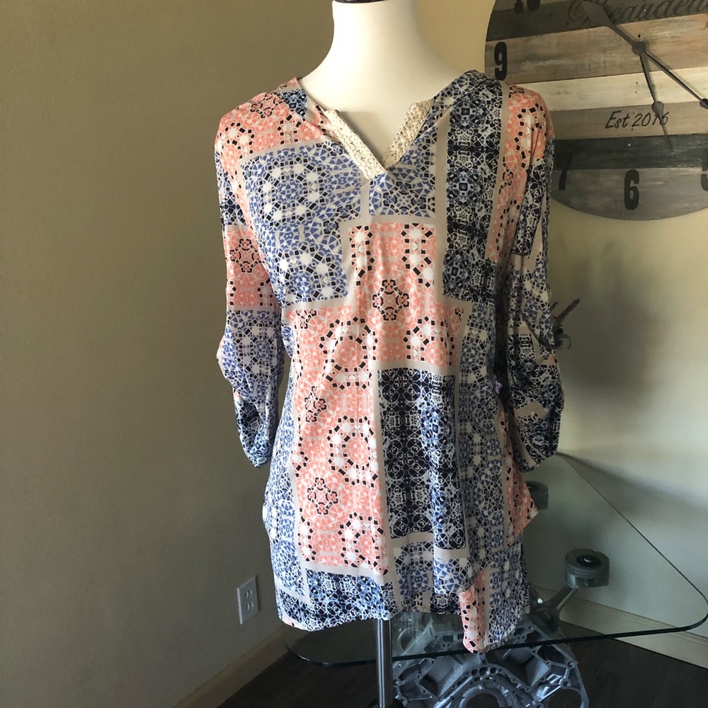 Blue, Pink and Tan Blouse